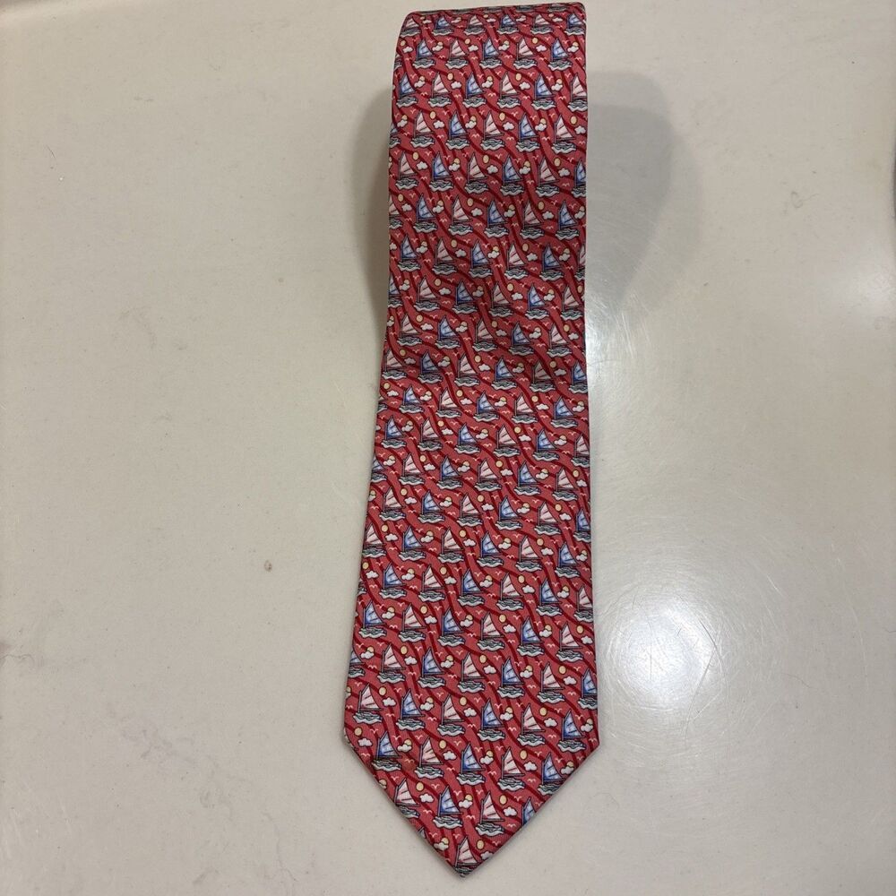 Vineyard Vines Sailboat Men's Silk Tie Red Multicolor Preppy Nautical Coastal
